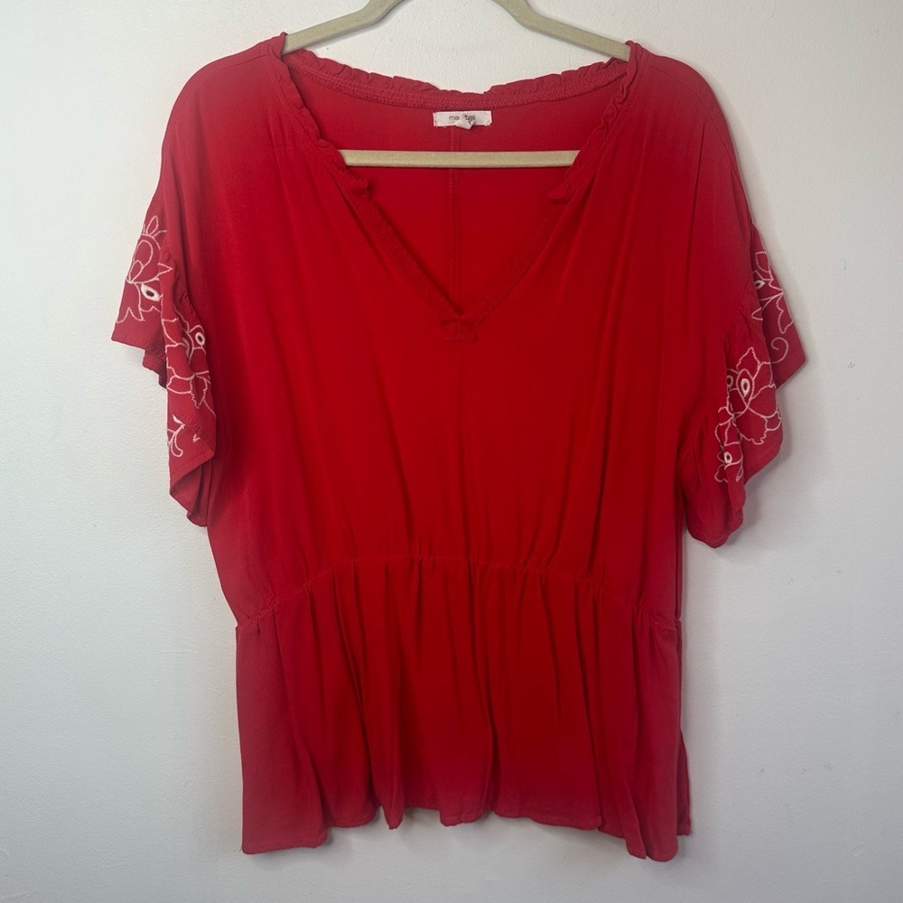 Maurices Light Red Short Sleeve Blouse White Floral Embroidery Ruffle Top XXL